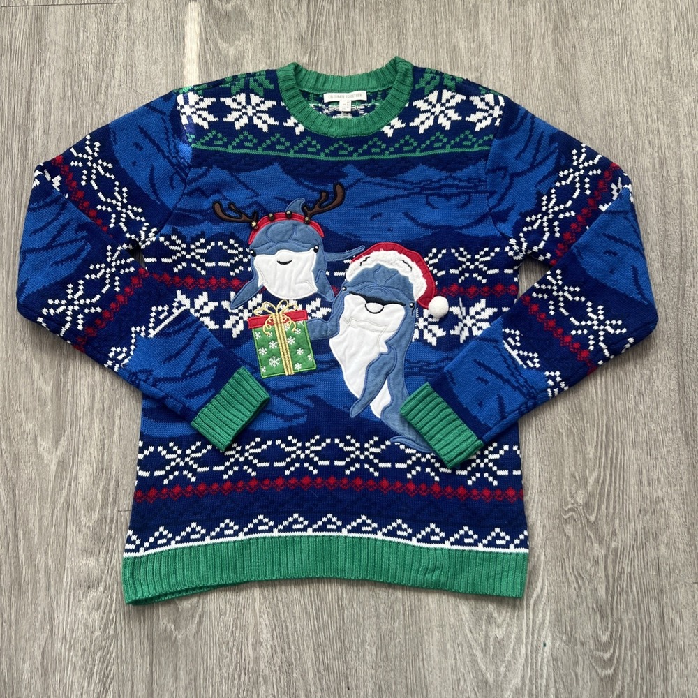 Holiday Shark Christmas Ugly Sweater Pullover Knit Bells Party M